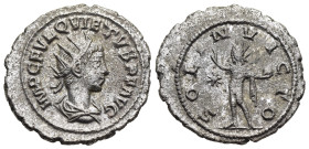 QUIETUS (Usurper, 260-261). Antoninianus. Samosata.

Obv: IMP C FVL QVIETVS P F AVG
Radiate, draped and cuirassed bust right.
Rev: SOL INVICTO
Sol sta...