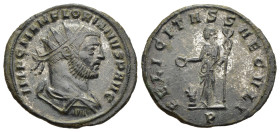 FLORIANUS (276). Antoninianus. Siscia.

Obv: IMP C M AN FLORIANVS P AVG.
Radiate, draped and cuirassed bust right.
Rev: FELICITAS SAECVLI // P.
Felici...