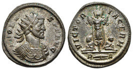 PROBUS (176-182). Antoninianus. Rome.

Obv: IMP PROBVS PF AVG.
Radiate and cuirassed bust right.
Rev: VICTORIA GERM // R (thunderbolt) A.
Trophy; boun...