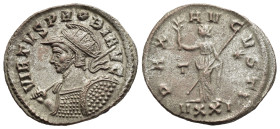PROBUS (276-282). Antoninianus. Ticinum.

Obv: VIRTVS PROBI AVG.
Radiate, helmeted and cuirassed bust left, holding spear and shield.
Rev: AVGVSTI // ...