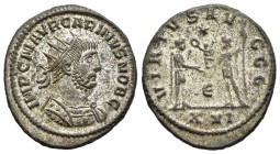 CARINUS (Caesar, 282-283). Antoninianus. Antioch.

Obv: IMP C M AVR CARINVS NOB C.
Radiate and cuirassed bust right.
Rev: VIRTVS AVGGG / E // XXI.
Pri...