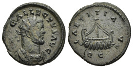 ALLECTUS. (293-296). "Quinarius"/ Antoninianus. Londinium.

Obv: IMP C ALLECTVS P AVG
Radiate and cuirassed bust right.
Rev: VIRTVS AVG // QC
Galley l...