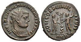MAXIMIANUS HERCULIUS (first reign, 286-305). Radiate Follis. Antioch. 

Obv: IMP C M AVR VAL MAXIMIANVS P F AVG 
Radiate, draped and cuirassed bust of...