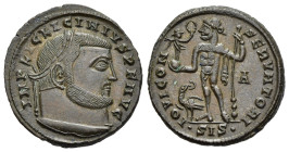 LICINIUS I (308-324). Follis. Siscia.

Obv: IMP LIC LICINIVS P F AVG.
Laureate head right.
Rev: IOVI CONSERVATORI / A // •SIS•.
Jupiter standing left,...