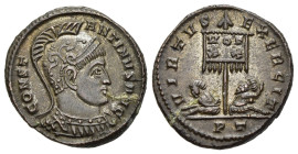 CONSTANTINE I 'THE GREAT' (307/10-337). Follis. Ticinum.

Obv: CONSTANTINVS AVG.
Helmeted and cuirassed bust right.
Rev: VIRTVS EXERCIT // PT.
Vexillu...