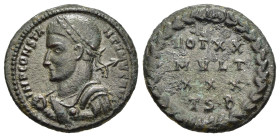 CONSTANTINE I 'THE GREAT' (307/10-337). Follis. Thessalonica.

Obv: IMP CONSTANTINVS AVG.
Helmeted and cuirassed bust left, holding spear.
Rev: VOT XX...