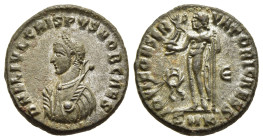 CRISPUS (316-326). Follis. Cyzicus.

Obv: DN FL IVL CRISPVS NOB CAES.
Laureate and draped bust left, holding mappa and globe, scepter over shoulder.
R...