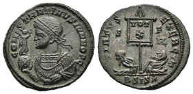 CONSTANTINE II (Caesar, 316-337). Follis. Siscia.

Obv: CONSTANTINVS IVN NOB C.
Laureate and cuirassed bust left, holding victoriola and mappa.
Rev: V...