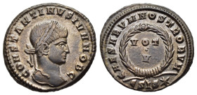 CONSTANTINE II (Caesar, 316-337). Follis. Siscia.

Obv: CONSTANTINVS IVN NOB C.
Laureate head right.
Rev: CAESARVM NOSTRORVM // ESIS (star).
VOT / V i...
