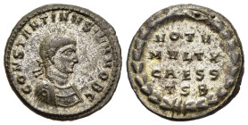 CONSTANTINE II (Caesar, 316-337). Follis. Thessalonica.

Obv: CONSTANTINVS IVN NOB C.
Laureate and cuirassed bust right.
Rev: VOT V MVLT X CAESS / TSB...