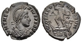 THEODOSIUS I (379-395). Ae. Thessalonica.

Obv: D N THEODOSIVS P F AVG.
Diademed, helmeted, draped and cuirassed bust right, holding spear and shield....