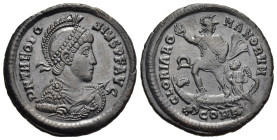 THEODOSIUS I (379-395). Ae. Constantinople.

Obv: D N THEODOSIVS P F AVG.
Helmeted, diademed, draped and cuirassed bust right, holding shield and spea...