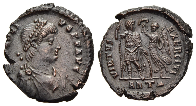HONORIUS (393-423). Ae. Antioch. 

Obv: DN HONORIVS P F AVG.
Diademed, draped, a...