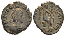 AELIA EUDOXIA (AD 400-404). Follis. Antioch.

Obv: AEL EVDOXIA AVG.
Diademed and draped bust right, being crowned by manus Dei.
Rev: SALVS REIPVBLICAE...