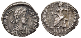 HONORIUS (393-423). Siliqua. Mediolanum.

Obv: D N HONORIVS P F AVG
Diademed, draped and cuirassed bust right.
Rev: VIRTVS ROMANORVM // MDPS
Roma seat...