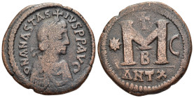 ANASTASIUS (491-518). Follis. Antioch.

Obv: D N ANASTAS- IVS P P AVG
Diademed bust right, cross above.
Rev: Large M between star and crescent, cross ...
