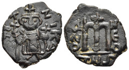 CONSTANS II (641-668). Follis. Irregular issue from a most likely local mint in Syria.

Obv: TYT NIKA.
Constans standing facing, holding cross-tipped ...