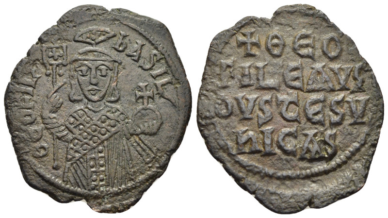 THEOPHILUS (829-842). Follis. Constantinople.

Obv: ΘЄOFIL' ЬASIL'.
Facing bust,...