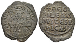 THEOPHILUS (829-842). Follis. Constantinople.

Obv: ΘЄOFIL' ЬASIL'.
Facing bust, holding labarum and globus cruciger, and wearing crown surmounted by ...