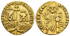BASIL I THE MACEDONIAN with CONSTANTINE (867-886). GOLD Solidus. Constantinople.

Obv: + IҺS XPS RЄX RЄGNANTIЧM ✷
Christ Pantokrator seated facing on ...