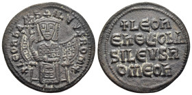 LEO VI the WISE (886-912). Follis. Constantinople.

Obv: + LEON bASILEVS ROM'✷.
Leo enthroned facing, wearing crown, holding labarum and akakia.
Rev: ...