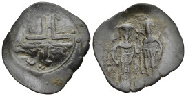 EMPIRE of NICAEA. Theodore II Ducas-Lascaris (1254-1258). Trachy. Thessalonica.

Obv: Ornate cross fleurée.
Rev: Theodore, holding labarum, and St. De...