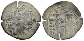 MICHAEL VIII PALAEOLOGUS (1261-1282). Trachy. Thessalonica.

Obv: St. Demetrius seated facing, holding sword across knees.
Rev: Michael standing facin...