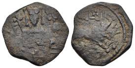 ISLAMIC. Seljuk of Syria. Anonymous (circa 478-491 AH). Fals, overstruck on a Byzantine Tetarteron of Alexios I. Antakiya.

A. 779; for host coin: Sea...
