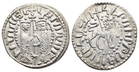 CILICIAN ARMENIA. Hetoum I and Zabel (1226-1270). Tram.

Obv: Zabel and Hetoum standing facing, holding long patriarchal cross flanked by two pellets;...
