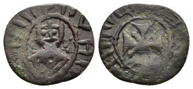 CILICIAN ARMENIA. Contemporary imitation of Levon V (1374-1393). Ae Denier.

Obv: Crowned bust facing; three pellets above each shoulder.
Rev: Cross p...