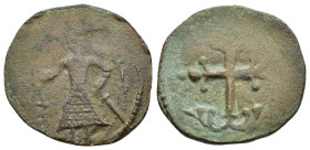 CRUSADERS. Edessa. Baldwin II (Second reign, 1108-1118). Follis.

Obv: Baldwin standing left, wearing conical helmet and chain-armor, holding globus c...