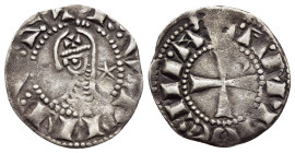 CRUSADERS. Antioch. Raymond Roupen (1216-1219). Denier.

Obv: + RVPINVS.
Helmeted and cuirassed bust left; crescent to left, star to right.
Rev: + ANT...