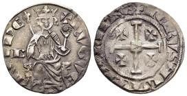 CRUSADERS. Cyprus. Hugh IV (1324-1359). Gros.

Obv: hVGVE REI DE.
King seated facing on curulus chair, holding lis tipped sceptre and globus cruciger;...