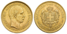GREECE. George I. (1863-1913). GOLD 20 Drachma, 1884 A. Paris Mint.

Fr-18; KM-56. 

Condition: Mint state; fully detailed.

Weight: 6,45 g.
Diameter:...