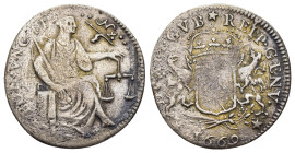 ITALY. Genova. Biennial Doges, third phase. Giustino (1669), for the Levant.

Obv: Iustitia seated right.
Rev: Crowned coat of arms.

CNI 7; MIR ...