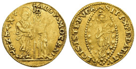 ITALY. Venice. Alvise IV Giovanni Mocenigo (1763-1779). GOLD Zecchino.

Obv: ALOY MOCE S M VENET.
St. Mark standing right, holding book of Gospels in ...