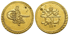 OTTOMAN EMPIRE. Ahmed III (AH 1115-1143 / 1703-1730 AD). GOLD Zeri. Constantinople. Dated AH 1115 (AD 1703).

Obv: Toughra.
Rev: Legend with mint and ...