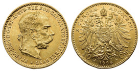 ÖSTERREICH-KAISERREICH. Franz Joseph (1848-1916). GOLD 10 Kronen, 1896.

J. 376; F. 1950; H 382.

Erhaltung: Vorzüglich- stempelglanz.

Gewicht: 3,38g...