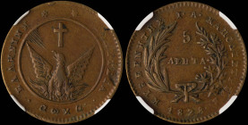 GREECE: 5 Lepta (1828) (type A.1) in copper. Phoenix with converging rays on obverse. Variety "136-F.c" by Peter Chase. Inside slab by NGC "AU 55 BN"....