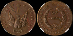 GREECE: 20 Lepta (1831) (type C) in copper. Phoenix on obverse. Variety "502-Q.p" by Peter Chase. Inside slab by NGC "XF 40 BN". Cert number: 6632378-...