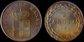GREECE: 2 Lepta (1832) (type I) in copper. Royal coat of arms and inscription "ΒΑΣΙΛΕΙΑ ΤΗΣ ΕΛΛΑΔΟΣ" on obverse. Inside slab by PCGS "MS 65 RB". Cert ...