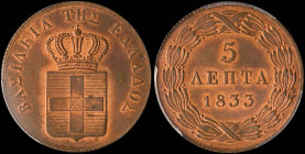 GREECE: 5 Lepta (1833) (type I) in copper. Royal coat of arms and inscription "ΒΑΣΙΛΕΙΑ ΤΗΣ ΕΛΛΑΔΟΣ" on obverse. Inside slab by PCGS "MS 63 RB". Cert ...
