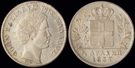 GREECE: 1/2 Drachma (1833) (type I) in silver (0,900). Head of King Otto facing right and inscription "ΟΘΩΝ ΒΑΣΙΛΕΥΣ ΤΗΣ ΕΛΛΑΔΟΣ" on obverse. (Hellas ...