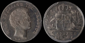GREECE: 1/4 Drachma (1834 A) (type I) in silver (0,900). Head of King Otto facing right and inscription "ΟΘΩΝ ΒΑΣΙΛΕΥΣ ΤΗΣ ΕΛΛΑΔΟΣ" on obverse. Inside...