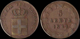 GREECE: 5 Lepta (1842) (type I) in copper. Royal coat of arms and inscription "ΒΑΣΙΛΕΙΑ ΤΗΣ ΕΛΛΑΔΟΣ" on obverse. Inside slab by PCGS "XF 45". Cert num...