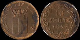 GREECE: 10 Lepta (1857) (type III) in copper. Royal coat of arms and inscription "ΒΑΣΙΛΕΙΟΝ ΤΗΣ ΕΛΛΑΔΟΣ" on obverse. Inside slab by NGC "MS 62 BN". Ce...