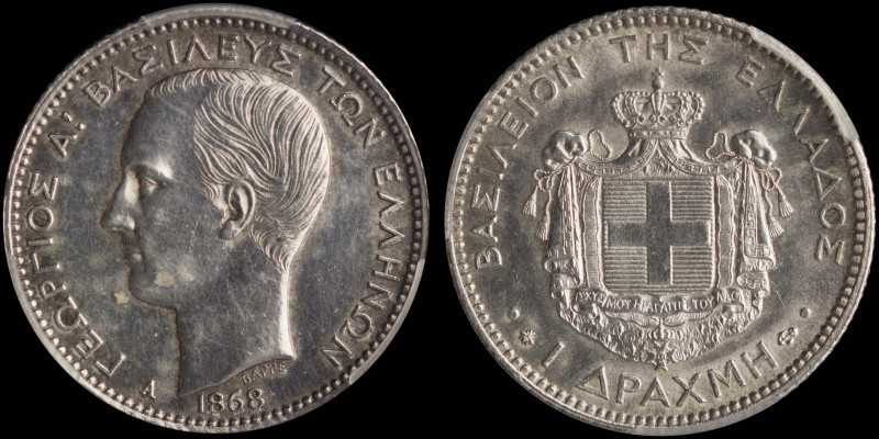 GREECE: 1 Drachma (1868 A) (type I) in silver (0,835). Head of King George I fac...