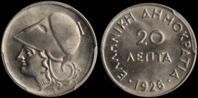 GREECE: 20 Lepta (1926) in copper-nickel. Head of Goddess Athena facing left on obverse. Inside slab by PCGS "MS 65". Cert number: 44339061. (Hellas 1...