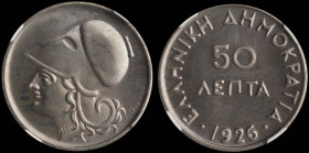 GREECE: 50 Lepta (1926) in copper-nickel. Head of Goddess Athena facing left on obverse. Inside slab by NGC "MS 66*". Top pop in NGC. Cert number: 664...