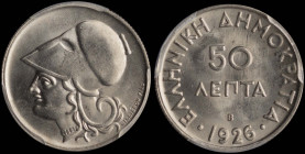 GREECE: 50 Lepta (1926 B) in copper-nickel. Head of Goddess Athena facing left on obverse. Inside slab by PCGS "MS 64". Cert number: 46845256. (Hellas...